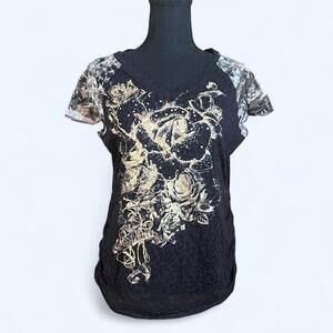 Vintage 2000s Southpole black and gold rhinestone rose shirt